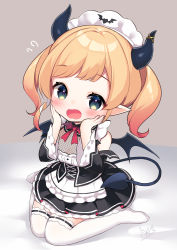Rule 34 | 1girl, absurdres, aged down, apron, black dress, blonde hair, blue eyes, blush, chibi, cleavage, commentary request, demon girl, demon horns, demon tail, demon wings, dress, flying sweatdrops, full body, gradient hair, hands on own cheeks, hands on own face, highres, hololive, horns, long hair, long sleeves, looking at viewer, maid, maid headdress, multicolored hair, no shoes, nyasunyadoora, open mouth, pointy ears, red hair, see-through, see-through cleavage, sidelocks, signature, sitting, solo, tail, thighhighs, twintails, virtual youtuber, wariza, white apron, white thighhighs, wings, yuzuki choco, yuzuki choco (maid)