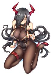 Rule 34 | 1girl, adapted costume, arm support, azur lane, bare shoulders, black gloves, black hair, black leotard, bodysuit, breasts, cleavage, closed mouth, commentary request, covered navel, fishnet bodysuit, fishnets, friedrich der grosse (azur lane), gloves, hair over one eye, half gloves, high heels, horns, impossible clothes, large breasts, leotard, long hair, looking at viewer, red footwear, red horns, shirokuma a, simple background, sitting, smile, solo, thigh strap, very long hair, white background, wrist cuffs, yellow eyes