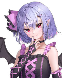 Rule 34 | 1girl, alternate costume, bare shoulders, bat wings, blue hair, breasts, choker, collarbone, commentary request, dress, elbow gloves, fang, fingerless gloves, frilled dress, frills, gloves, highres, looking at viewer, pointy ears, red eyes, remilia scarlet, shironeko yuuki, simple background, small breasts, smile, solo, strap, touhou, white background, wings