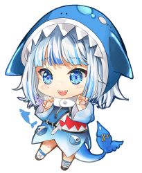 Rule 34 | 1girl, :d, animal hood, blue eyes, blue hair, blue hoodie, blue socks, chibi, claw pose, commentary, fins, fish tail, full body, gawr gura, gawr gura (1st costume), hands up, hololive, hololive english, hood, hood up, hoodie, long sleeves, mintchoco (orange shabette), multicolored hair, open mouth, shark hood, shark tail, sharp teeth, shoes, silver hair, simple background, smile, socks, solo, streaked hair, tail, teeth, virtual youtuber, white background, white footwear, wide sleeves