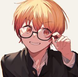 Rule 34 | 1boy, adjusting eyewear, bespectacled, blonde hair, collared shirt, commentary, fingernails, gakuran, glasses, gradient hair, highres, ichigo ichie na hyakki yagyou!? (project sekai), long hair, looking at viewer, male focus, multicolored hair, official alternate costume, official alternate hairstyle, open collar, orange eyes, orange hair, project sekai, renge (rengehas), school uniform, shirt, short hair, simple background, smile, solo, symbol-only commentary, teeth, upper body, very long hair, white shirt