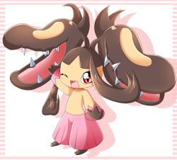 Rule 34 | 10s, blush, creatures (company), extra mouth, game freak, gen 3 pokemon, highres, mawile, mega mawile, mega pokemon, nintendo, no humans, one eye closed, open mouth, pokemon, pokemon (creature), pokemon xy, red eyes, solo, teeth, twintails, wink