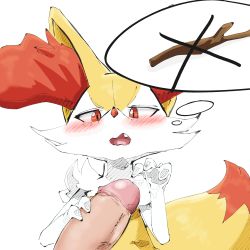 Rule 34 | 1girl, absurdres, animal ear fluff, animal ears, animal hands, animal nose, blush, body fur, braixen, creatures (company), disembodied penis, erection, fang, flat chest, fox ears, fox girl, fox tail, furry, furry female, furry with non-furry, game freak, gen 6 pokemon, half-closed eyes, handjob, hands up, hetero, highres, interspecies, looking at penis, neck fur, nintendo, open mouth, penis, pokemon, pokemon (creature), pokephilia, pov, precum, red eyes, red leopard, simple background, sketch, snout, solo focus, stick, straight-on, tail, thought bubble, two-tone fur, uncensored, upper body, v-shaped eyebrows, white background, white fur, yellow fur