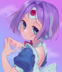 1girl android antenna_hair apron aqua_eyes blue_dress bow bowtie dress expressionless forehead_jewel frilled_apron frills gem hair_intakes looking_at_viewer maid maid_apron nek0galleta pink_bitch_club puffy_short_sleeves puffy_sleeves purple_hair red_bow red_bowtie red_gemstone robot_ears short_hair short_sleeves simple_background vyt-24 white_apron