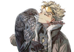 Rule 34 | 1boy, animal, arm up, artist name, bird, black gloves, boku no hero academia, closed eyes, closed mouth, collarbone, eyewear on head, facial hair, fur trim, gloves, hawk, hawks (boku no hero academia), kadeart, kiss, kissing animal, male focus, scar, scar on face, short hair, simple background, spiked hair, stubble, thick eyebrows, upper body, white background