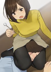 Rule 34 | 1boy, 1girl, annoyed, black pantyhose, blush, bob cut, breasts, brown eyes, brown hair, character request, commentary request, long sleeves, medium breasts, mimikaki, miru tights, no shoes, open mouth, pantyhose, pencil skirt, scissorhold, shirt, short hair, sitting, skirt, yellow shirt, yomu (sgt epper)