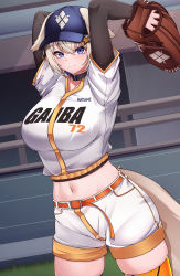Rule 34 | 1girl, 5danny1206, absurdres, animal ears, arms up, baseball, baseball cap, baseball glove, baseball uniform, belt, black collar, blue eyes, blue hat, blush, breasts, closed mouth, collar, commission, hat, highres, jersey, large breasts, looking at viewer, navel, orange belt, original, short hair, short shorts, shorts, sportswear, tail, white shorts