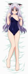 Rule 34 | 1girl, absurdres, animal ears, azmaria hendric, barefoot, bed, blush, breasts, cameltoe, cat ears, chrno crusade, competition school swimsuit, covered erect nipples, feet, highres, light purple hair, long hair, long image, lying, nipples, non-web source, on back, one-piece swimsuit, red eyes, school swimsuit, small breasts, solo, strap slip, sugimura tomokazu, swimsuit, tall image, thigh gap, thighs