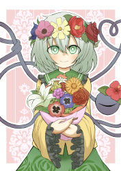 Rule 34 | 1girl, blouse, blush, border, bouquet, closed mouth, collared shirt, commentary request, cowboy shot, eyeball, floral background, floral print, flower, frilled shirt collar, frilled skirt, frilled sleeves, frills, green eyes, green hair, green skirt, hair between eyes, hair flower, hair ornament, head wreath, highres, holding, holding bouquet, komeiji koishi, kumasan (kumazonjp), long skirt, long sleeves, looking at viewer, looking to the side, medium hair, no headwear, pink background, red flower, red rose, rose, rose background, rose print, shirt, skirt, smile, solo, standing, third eye, touhou, wavy hair, white border, wide sleeves, yellow shirt