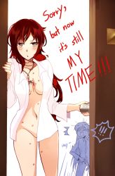 Rule 34 | !, !!, 2girls, blush, bottomless, breasts, comic, convenient censoring, dress shirt, dressing, english text, hickey, kuma (bloodycolor), long hair, medium breasts, multiple girls, naked shirt, aged up, open clothes, open shirt, red hair, ruby rose, rwby, scar, shirt, grey eyes, weiss schnee, yuri