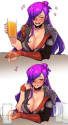 Rule 34 | 1girl, alcohol, armor, asymmetrical clothes, beer, beer mug, blush, breasts, cape, choker, cleavage, closed eyes, cup, drinking, drunk, fire emblem, fire emblem: three houses, fire emblem warriors: three hopes, gloves, hair bun, hair over one eye, holding, holding cup, kukumomo, large breasts, long hair, looking at viewer, mug, nintendo, open mouth, purple eyes, purple hair, seductive smile, shez (female) (fire emblem), shez (fire emblem), simple background, single hair bun, sitting, smile