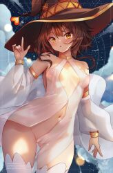 Rule 34 | 1girl, bare shoulders, bicio, black hair, breasts, cameltoe, cleavage cutout, cleft of venus, clothing cutout, covered erect nipples, detached sleeves, dress, hand up, hat, heart, highres, kono subarashii sekai ni shukufuku wo!, medium hair, megumin, navel, paid reward available, parted lips, patreon username, revealing clothes, see-through, see-through dress, signature, small breasts, thighhighs, white dress, white sleeves, white thighhighs, wide sleeves, witch hat, yellow eyes