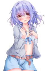 Rule 34 | 1boy, absurdres, asuka minato, belt, bikini, blue bikini, blue hair, blue shorts, blush, braid, brown belt, covering privates, covering breasts, cowboy shot, crossdressing, embarrassed, grey sweater, hair between eyes, hands up, head tilt, highres, koyo aki (vtvd5277), long sleeves, looking at viewer, midriff, navel, open mouth, otome domain, red eyes, short hair, shorts, simple background, single braid, single hair intake, solo, standing, sweater, swimsuit, trap, wavy mouth, white background