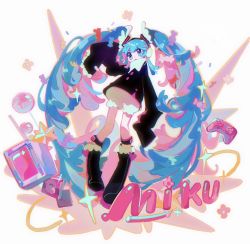 Rule 34 | 1girl, black coat, black footwear, bloomers, blue eyes, blue hair, boots, bubble, character name, coat, controller, flower, full body, game controller, hair ornament, hatsune miku, highres, knee boots, long hair, long sleeves, looking at viewer, parted lips, renzhi00334233, sleeves past fingers, sleeves past wrists, solo, twintails, underwear, vocaloid, white background, white bloomers