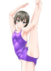 Rule 34 | 1girl, absurdres, breasts, brown hair, clothes writing, commentary request, competition swimsuit, grin, highres, looking at viewer, one-piece swimsuit, original, purple one-piece swimsuit, short hair, simple background, small breasts, smile, solo, split, standing, standing on one leg, standing split, swimsuit, takafumi, white background