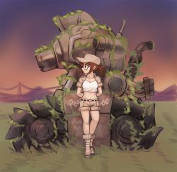 Rule 34 | 1girl, arms behind back, baseball cap, belt, boots, breasts, brown eyes, brown hair, closed mouth, english text, fio germi, full body, glasses, grass, hat, highres, korean commentary, looking to the side, metal slug, midriff, military, military vehicle, mixed-language commentary, motor vehicle, navel, outdoors, ponytail, short shorts, shorts, solo, sookmo, standing, sunset, sv001 (metal slug), tank, tank top, white tank top