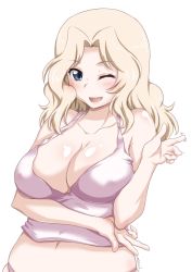 Rule 34 | 1girl, blonde hair, blue eyes, blush, breasts, cleavage, commentary request, girls und panzer, hair intakes, kay (girls und panzer), large breasts, long hair, looking at viewer, motion lines, navel, one eye closed, open mouth, panties, shirt, simple background, skindentation, smile, solo, tank top, twitter username, underwear, underwear only, upper body, v, white background, white panties, white shirt, yts takana