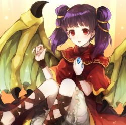 Rule 34 | dragon girl, dragon wings, dragonstone, dress, fire emblem, fire emblem: the sacred stones, frills, jurge, long hair, looking at viewer, multi-tied hair, myrrh (fire emblem), nintendo, open mouth, purple hair, red eyes, sandals, sitting, solo, twintails, wings, wristband