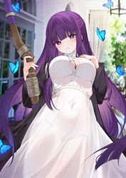 Rule 34 | 1girl, :o, absurdres, black robe, blue butterfly, blunt bangs, blunt ends, blush, breasts, bug, butterfly, button gap, cleavage, covered navel, dress, fern (sousou no frieren), groin, highres, holding, holding staff, indoors, insect, large breasts, long hair, looking at viewer, purple eyes, purple hair, robe, see-through, see-through dress, solo, sousou no frieren, staff, straight hair, very long hair, white dress, yukineko1018