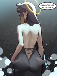 Rule 34 | 1girl, ass, back, back focus, backless dress, backless outfit, black hair, commentary, dress, english commentary, from behind, hair behind ear, halo, highres, hololive, hololive english, long hair, low wings, ninomae ina&#039;nis, pointy ears, solo, speech bubble, strapless, strapless dress, tanukidraws, tentacle hair, tube dress, very long hair, virtual youtuber, wings