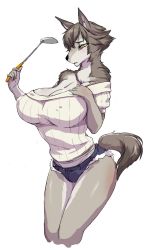 Rule 34 | 1girl, bare shoulders, breasts, brown eyes, dog, furry, furry female, grey hair, highres, huge breasts, jewelry, low-cut, mature female, revealing clothes, ribbed sweater, ring, short hair, short pants, short shorts, shorts, solo, sweater, vaneroku, wedding ring, wide hips