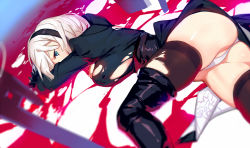 Rule 34 | 1girl, ass, bad id, bad pixiv id, black dress, black footwear, black thighhighs, boots, breasts, dress, gloves, green eyes, hairband, large breasts, leotard, looking at viewer, lying, nier (series), nier:automata, on stomach, planted, planted sword, planted weapon, shiny skin, short hair, silver hair, solo, sparrow (xici9527), sword, thigh boots, thighhighs, thong leotard, torn clothes, torn dress, weapon, white leotard, 2b (nier:automata)