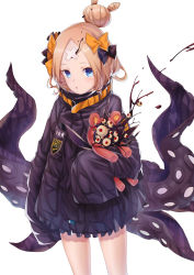 Rule 34 | 1girl, :o, abigail williams (fate), abigail williams (traveling outfit) (fate), absurdres, black bow, black jacket, blonde hair, blue eyes, bow, commentary request, crossed bandaids, demon girl, fate/grand order, fate (series), hair bow, hair bun, heroic spirit traveling outfit, highres, jacket, key, long hair, long sleeves, looking at viewer, hugging object, official alternate costume, orange bow, parted bangs, parted lips, polka dot, polka dot bow, red eyes, simple background, single hair bun, sleeves past fingers, sleeves past wrists, solo, star (symbol), stuffed animal, stuffed toy, teddy bear, tentacles, white background, xo (xo17800108)