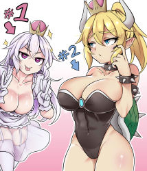Rule 34 | 2girls, :p, abs, absurdres, armlet, black leotard, black nails, blonde hair, blue eyes, bowsette, bracelet, breasts, cleavage, collar, collarbone, commentary, covered navel, crown, curvy, double v, dress, frilled dress, frills, garter straps, gem, gloves, hair between eyes, highres, hip focus, horns, jewelry, large breasts, leaning forward, leotard, looking at another, luigi&#039;s mansion, mario (series), multiple girls, nail polish, new super mario bros. u deluxe, nintendo, pointy ears, ponytail, princess king boo, purple eyes, scratching cheek, sparkle, spiked armlet, spiked bracelet, spiked collar, spiked shell, spiked tail, spikes, strapless, strapless leotard, super crown, tail, thighhighs, togin, tongue, tongue out, turtle shell, v, v-shaped eyebrows, white dress, white gloves, white hair, white legwear