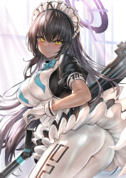 Rule 34 | 1girl, ahoge, aqua bow, ass, assault rifle, black hair, blue archive, blush, bow, breasts, closed mouth, cowboy shot, curtains, dress, frilled dress, frills, from behind, gloves, gun, hair between eyes, halo, highres, himonoata, holding, indoors, karin (blue archive), large breasts, legs together, long hair, looking at viewer, maid headdress, panties, panties under pantyhose, pantyhose, puffy short sleeves, puffy sleeves, rifle, see-through, short sleeves, solo, thighs, underwear, weapon, white gloves, white panties, window, wrist cuffs, yellow eyes