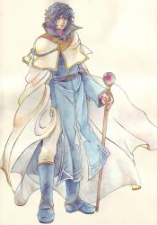 Rule 34 | 1boy, belt, blue eyes, blue hair, boots, cape, come-sta, expressionless, fire emblem, fire emblem: radiant dawn, full body, long hair, male focus, matching hair/eyes, nintendo, pants, pelleas, robe, solo, staff, standing, traditional media, white background