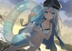 Rule 34 | 1girl, alternate costume, bare shoulders, beach, bikini, black hat, blue eyes, blush, breasts, cloud, collarbone, commentary request, dawn, flat cap, front-tie bikini top, front-tie top, hair between eyes, halterneck, hat, head tilt, hibiki (kancolle), holding, holding swim ring, innertube, jacket, jacket on shoulders, kantai collection, long hair, looking at viewer, miko fly, navel, ocean, outdoors, sand, side-tie bikini bottom, sidelocks, signature, silver hair, small breasts, smile, solo, stomach, swim ring, swimsuit, thighs, waves