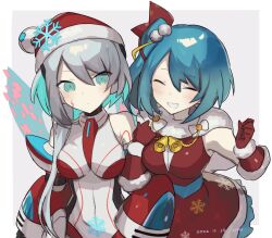 Rule 34 | 2girls, artist name, artist request, bare shoulders, bell, blue eyes, blue hair, blush, body markings, breasts, christmas, dated, facial mark, female focus, grey hair, grin, hat, highres, ico (megaman x dive), medium breasts, mega man (series), mega man x (series), mega man x dive, multiple girls, rico (mega man), santa hat, skin tight, smile, snowflake print, tagme
