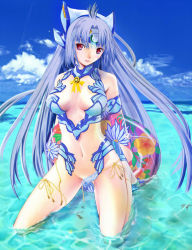 Rule 34 | 1girl, alternate costume, android, blue hair, blush, breasts, breasts apart, calligraphy brush (medium), cleavage, commentary request, cyborg, forehead protector, graphite (medium), groin, kneeling, kos-mos, large breasts, long hair, looking at viewer, parted lips, red eyes, solo, swimsuit, tomoyo (artist), traditional media, xenosaga