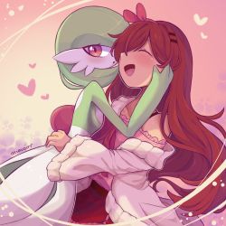 Rule 34 | 2girls, ^ ^, artist name, backlighting, bellavoirr, blush, bob cut, breasts, brown hair, cardigan, closed eyes, collarbone, colored skin, creatures (company), female focus, frilled shirt, frills, game freak, gardevoir, gen 3 pokemon, gradient background, green hair, green skin, hair ornament, hair over one eye, hairband, hairclip, hand on another&#039;s cheek, hand up, happy, heart, highres, hug, long hair, looking at viewer, miniskirt, multicolored skin, multiple girls, nintendo, off-shoulder cardigan, off-shoulder shirt, off shoulder, open cardigan, open clothes, open mouth, orange background, original, outline, pink hairband, pink shirt, pokemon, pokemon (creature), pokephilia, red eyes, red skirt, shirt, shirt tucked in, short hair, sidelocks, signature, single bare shoulder, skirt, small breasts, smile, sofia (bellavoirr), standing, two-tone skin, very long hair, white cardigan, white skin, yuri