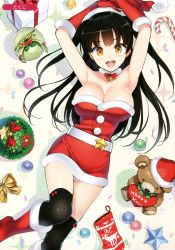 Rule 34 | 1girl, :d, absurdres, armpits, bell, black hair, black thighhighs, boots, bow, box, breasts, candy, candy cane, choker, cleavage, dress, food, fruit, fur trim, gift, gift box, gloves, highres, knee boots, large breasts, looking at viewer, lying, melon, melonbooks, neck bell, on back, ootomo takuji, open mouth, red dress, red footwear, red gloves, santa boots, santa costume, scan, smile, solo, strapless, strapless dress, stuffed animal, stuffed toy, teddy bear, thighhighs, two side up, yellow eyes