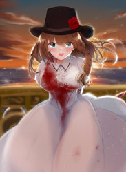 Rule 34 | 1girl, blood, blood on face, blue eyes, braid, breasts, brown hair, charlotte corday (fate), charlotte corday (third ascension) (fate), crying, crying with eyes open, dress, fate/grand order, fate (series), flower, hat, hat flower, highres, juliet sleeves, knife, large breasts, long sleeves, looking at viewer, medium hair, moyashi (pixiv44153669), open mouth, puffy sleeves, side braid, smile, solo, tears, white dress