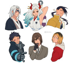 1girl 5boys akechi_gorou black_hair black_roots blonde_hair blue_hair brown_hair commentary_request en&#039;en_no_shouboutai eyepatch fullmetal_alchemist haikyuu!! hair_between_eyes horns japanese_clothes kimetsu_no_yaiba kimono kozume_kenma ling_yao meiji_(pecosyr5) multiple_boys necktie one_piece persona persona_5 ponytail red_eyes red_horns rope shimenawa shinra_kusakabe sleeveless sleeveless_kimono twitter_username upper_body uzui_tengen white_hair yamato_(one_piece)