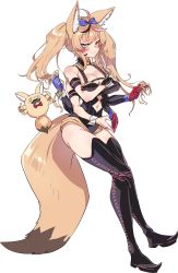 Rule 34 | 1girl, ahoge, animal ears, arms under breasts, asymmetrical gloves, bare shoulders, black footwear, black hair, black leotard, black thighhighs, blue bow, blue gloves, blush, boots, bow, breasts, chimera (vocaloid), cleavage, closed mouth, clothing cutout, crossed arms, extra arms, fox ears, fox girl, fox tail, full body, gloves, grey eyes, hair bow, heart, heart hands, highres, holding, holding hair, hololive, leotard, long hair, long sleeves, looking at viewer, mismatched gloves, multicolored hair, navel, navel cutout, omaru polka, open mouth, pink hair, playing with own hair, red gloves, simple background, solo, streaked hair, sui hi sf, tail, thigh boots, thighhighs, twintails, virtual youtuber, vocaloid, white background, wrist cuffs, zain (omaru polka)