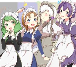 Rule 34 | 4girls, alternate costume, annette fantine dominic, bernadetta von varley, blue eyes, blush, breasts, closed eyes, closed mouth, doyagao, enmaided, female focus, fire emblem, fire emblem: three houses, flayn (fire emblem), green eyes, green hair, grey eyes, hair ornament, height, height conscious, height difference, long hair, long sleeves, lysithea von ordelia, maid, maid headdress, matching hair/eyes, multiple girls, nintendo, open mouth, orange hair, pantyhose, purple hair, simple background, small breasts, smile, smug, tearing up, tori55nigen, twitter username, white hair