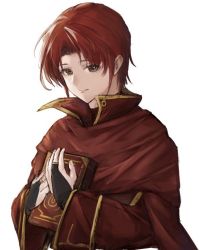 Rule 34 | 1boy, azelle (fire emblem), book, cape, fire emblem, fire emblem: genealogy of the holy war, gold trim, holding, holding book, jewelry, kandori makoto, long sleeves, looking at viewer, male focus, nintendo, red eyes, red hair, ring, simple background, solo, solo focus, white background