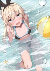 Rule 34 | 1girl, :d, absurdres, ball, beachball, bikini, black bikini, black bow, black hairband, blonde hair, blue eyes, blush, bow, breasts, cleavage, day, flower, from above, hair between eyes, hair bow, hairband, highres, kantai collection, long hair, looking at viewer, navel, open mouth, outdoors, partially submerged, scan, shimakaze (kancolle), shiny skin, small breasts, smile, solo, swimsuit, takanashi kei (hitsujikan), white flower