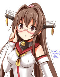 Rule 34 | 10s, 1girl, :o, aikawa ryou, artist name, bare shoulders, bespectacled, blush, breasts, brown eyes, brown hair, character name, cherry blossoms, collar, dated, detached sleeves, flower, glasses, hair flower, hair ornament, headgear, kantai collection, kikumon, long hair, looking at viewer, medium breasts, open mouth, pink-framed eyewear, ponytail, semi-rimless eyewear, simple background, solo, twitter username, under-rim eyewear, upper body, white background, yamato (kancolle)