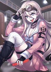 Rule 34 | 10s, 1boy, 1girl, :p, adjusting goggles, ahoge, barbed wire, belt boots, black footwear, black neckwear, blonde hair, blue bow, blue eyes, blurry, boots, bow, breasts, ceiling, ceiling light, choker, cleavage, collarbone, danganronpa (series), danganronpa v3: killing harmony, depth of field, dynamite, explosive, eyelashes, fingerless gloves, fingernails, floor, gloves, goggles, goggles on head, hair between eyes, highres, holding, iruma miu, knee boots, knees up, ladder, long hair, long sleeves, looking at viewer, medium breasts, miniskirt, on floor, pink skirt, pleated skirt, revision, school uniform, serafuku, sitting, skindentation, skirt, solo, spikes, thigh strap, thighhighs, tongue, tongue out, tube, whoosaku