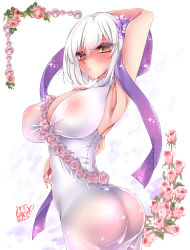 Rule 34 | 1girl, alternate costume, arm behind head, armpits, ass, azur lane, bare shoulders, blush, breasts, dated, dress, flower, from behind, hair between eyes, hair flower, hair ornament, halter dress, halterneck, highres, large breasts, looking at viewer, looking back, nail polish, nekoko (himekasama), pink flower, pink rose, purple flower, purple ribbon, red eyes, red nails, ribbon, rose, see-through, signature, sirius (azur lane), sirius (white rose) (azur lane), solo, sparkle, white background, white dress, white hair