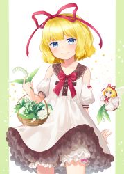 Rule 34 | 1girl, alternate costume, basket, blonde hair, bloomers, blue eyes, bow, bowtie, closed mouth, collarbone, commentary request, cowboy shot, detached sleeves, doll, dress, flower, hair ribbon, holding, holding flower, lily of the valley, looking at viewer, medicine melancholy, mito tsubaki, petticoat, pillarboxed, puffy short sleeves, puffy sleeves, red bow, red neckwear, red ribbon, ribbon, short hair, short sleeves, smile, su-san, touhou, underwear, white dress, white flower, wings