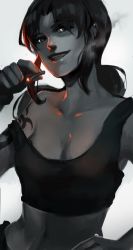 Rule 34 | 1girl, 3four, black hair, black lagoon, breasts, cigarette, cleavage, crop top, fingerless gloves, gloves, grin, hand on own hip, highres, midriff, nose, off shoulder, ponytail, revy (black lagoon), shoulder tattoo, smile, solo, tattoo