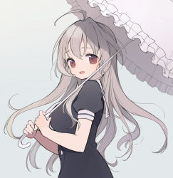 Rule 34 | 1girl, :d, ahoge, black dress, breasts, brown eyes, brown hair, character request, choi myenghoa, dress, frilled umbrella, frills, grey background, hair between eyes, highres, holding, holding umbrella, itsumi (itumiyuo), long hair, looking at viewer, looking to the side, medium breasts, open mouth, puffy short sleeves, puffy sleeves, sailor collar, sailor dress, saki, saki (manga), saki achiga-hen, short sleeves, simple background, smile, solo, umbrella, very long hair, white sailor collar