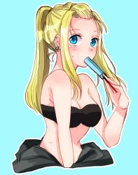 Rule 34 | 1girl, absurdres, black bra, blonde hair, blue background, blue eyes, bra, breasts, cleavage, cropped torso, earrings, food, fullmetal alchemist, highres, holding, holding food, ice cream, jewelry, long hair, looking at viewer, machi (xxx503r), medium breasts, ponytail, popsicle, sidelocks, simple background, solo, strapless, strapless bra, underwear, very long hair, winry rockbell