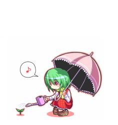 Rule 34 | 1girl, ascot, bad id, bad pixiv id, blush stickers, chibi, female focus, full body, green hair, kazami yuuka, loafers, mendou saya, musical note, parasol, plaid, plaid skirt, plaid vest, plant, quaver, red eyes, scarf, shoes, short hair, simple background, skirt, skirt set, smile, solo, speech bubble, spoken musical note, squatting, touhou, umbrella, vest, watering can, white background