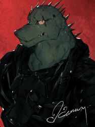 Rule 34 | 1boy, black jacket, caiman (dorohedoro), character name, closed mouth, commentary, dorohedoro, furry, furry male, highres, jacket, leather, leather jacket, looking at viewer, male focus, p7ywirzyw8lesuc, portrait, red background, reptile boy, scales, solo